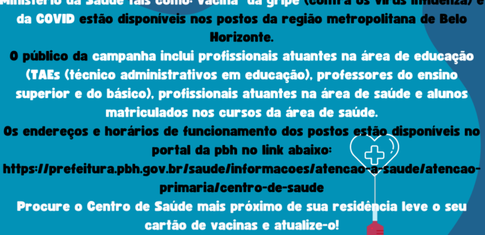 Vacinas gripe e covid disponíveis nos postos de saúde BH